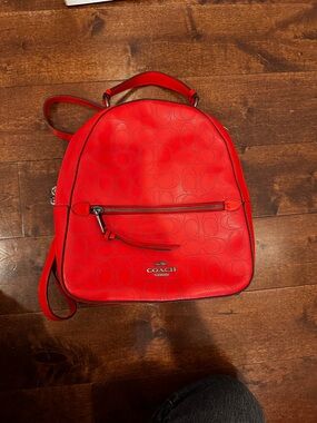 Coach Red Signature Leather Backpack with Front Zip Pocket